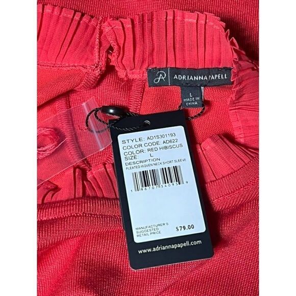 Adrianna Papell NWT Red Hibiscus Pleated Short Sleeve Sweater Large - Picture 4 of 5